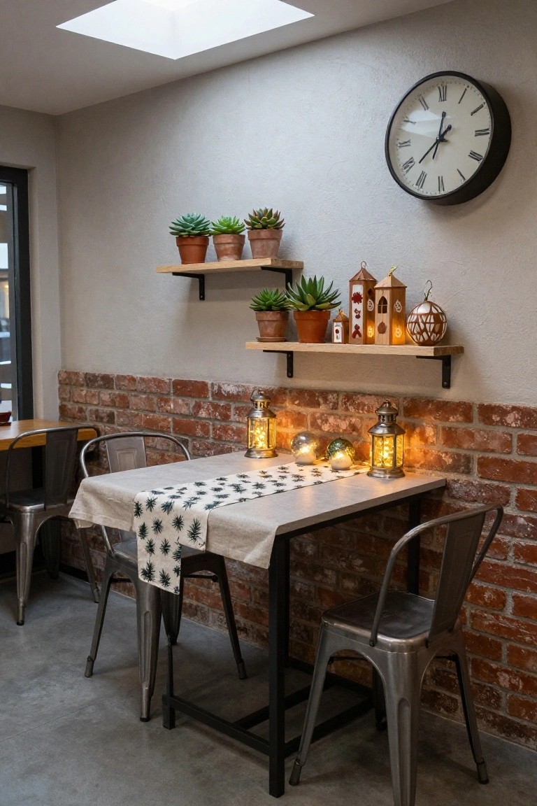 Cozy indoor dining area featuring a wooden table with starry runner, multiple metal lanterns lit by fairy lights, glass orbs, metal chairs, exposed brick wall, and shelves with plants and holiday decorations.
