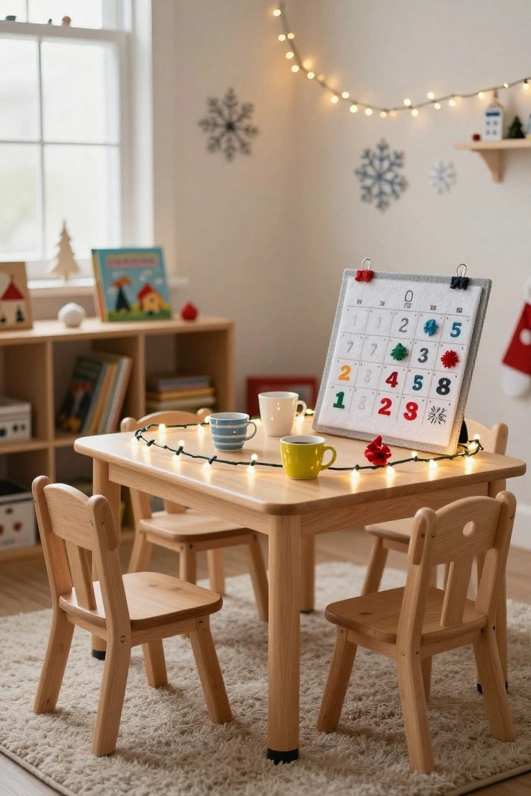 Cozy indoor playroom with a small wooden table and four matching chairs wrapped in white string lights, Christmas calendar on wall, bookshelves, and holiday decorations.