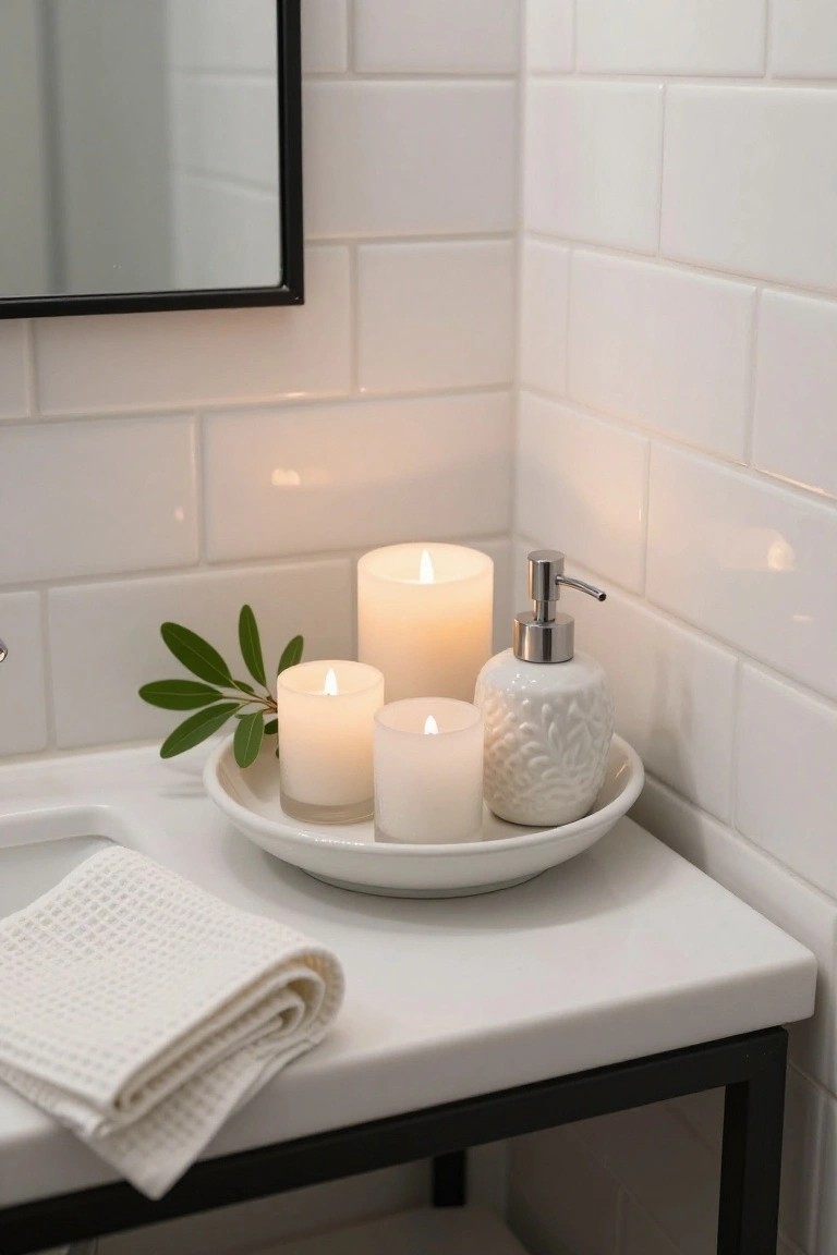 Close-up of a white bathroom vanity countertop with white subway tile walls, a white plate holding four lit white pillar candles of varying heights, green eucalyptus leaves, a white decorative soap dispenser with metal pump, a folded white dish towel, and a black metal sink base below.