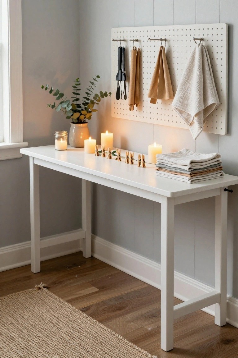 White console table in a room corner holds stacked linen towels, multiple lit candles forming