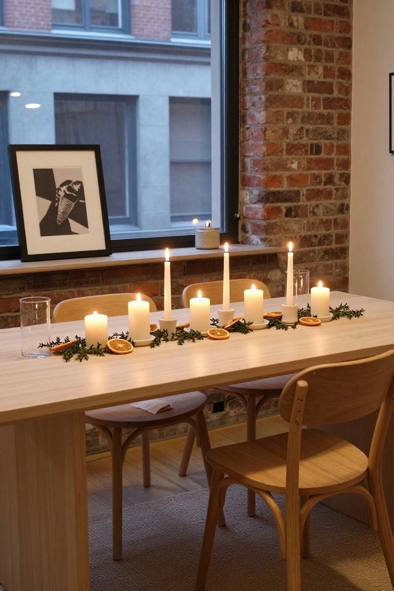 Wooden dining table with a row of lit white taper and pillar candles of varying heights interspersed with dried orange slices and greenery sprigs, wooden chairs around it, exposed brick wall, and large windows in the background.