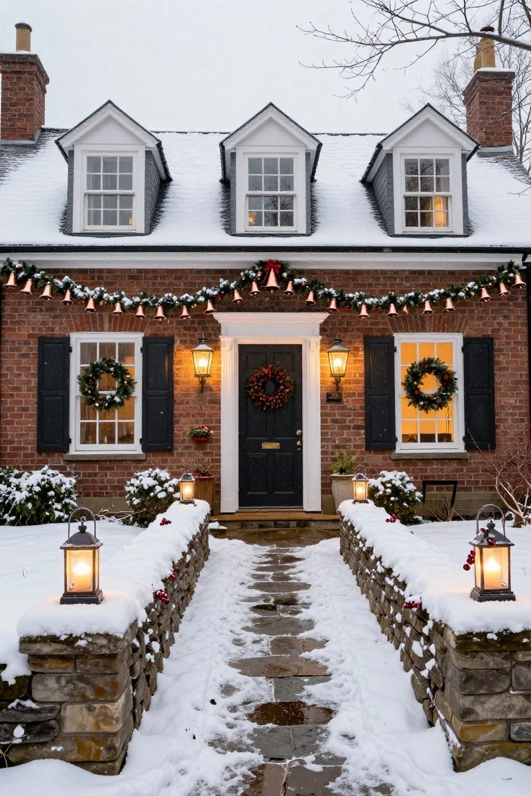 Snowy colonial brick house exterior with Christmas garlands strung with bells along the roofline and walls, wreaths on windows and door, lanterns by the entry, and a stone pathway leading to the front door.