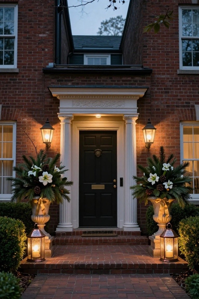 Brick colonial house front at dusk with black door between white columns, flanked by matching urns of white lilies, evergreens, pinecones, and yellow ribbons, plus lanterns on brick steps.