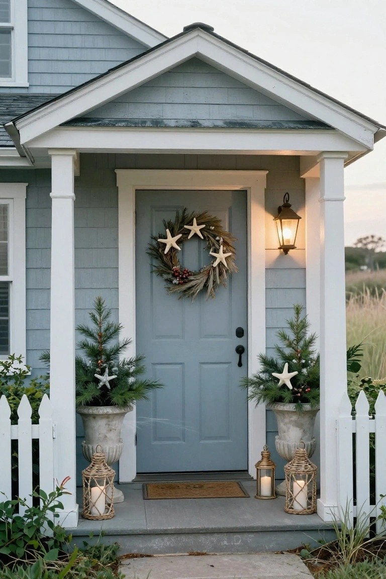 Blue shingle-style house front porch with navy door decorated by a wheat and starfish wreath, flanked by potted pine trees in urns, lanterns on the steps, and white picket fence in front.
