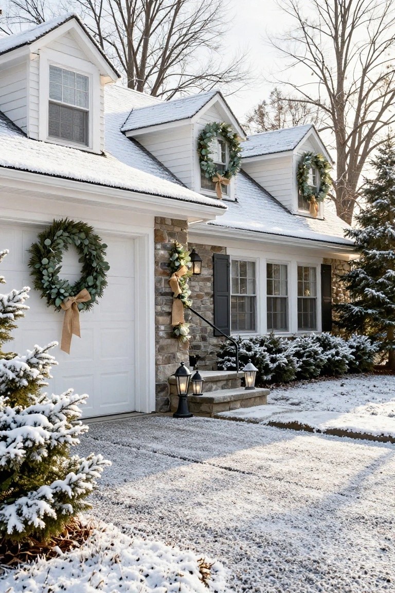 Snow-covered colonial house exterior with white siding, stone garage accents, and multiple large green eucalyptus wreaths with burlap ribbons on the garage door, windows, and dormers, plus lanterns at the entry steps.