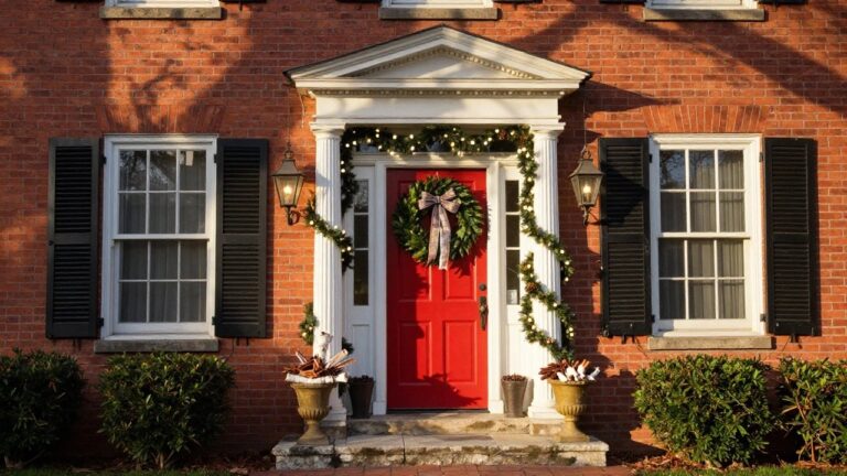 19 Colonial House Exterior Christmas Decor Ideas To Celebrate In Style Brick colonial house front with red door framed by Christmas garland with lights and pinecones, large wreath on door, black lanterns on sides, and potted evergreens on stone steps.