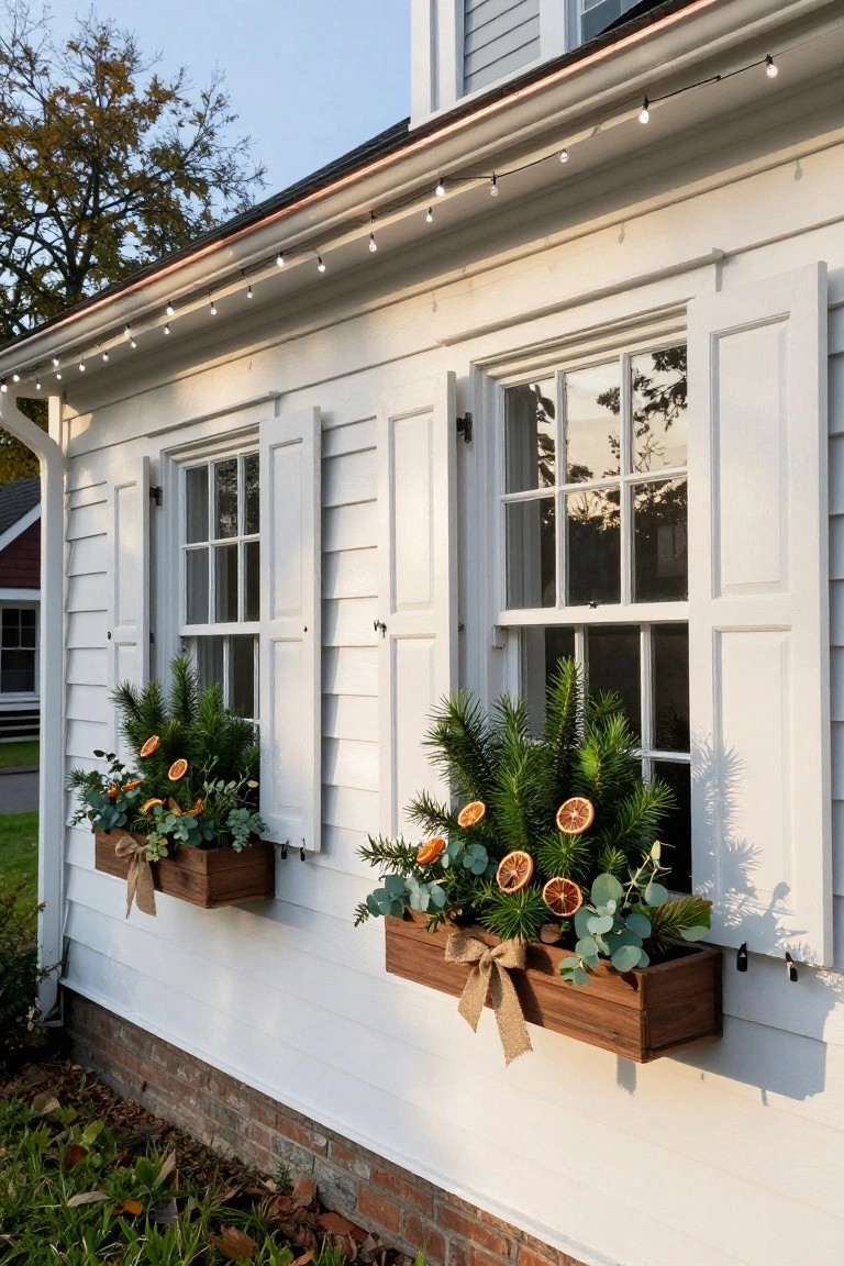 White clapboard house side with two wooden window boxes filled with pine branches, dried orange slices, eucalyptus, and burlap bows mounted below shuttered double-hung windows, string lights along the roof eaves.