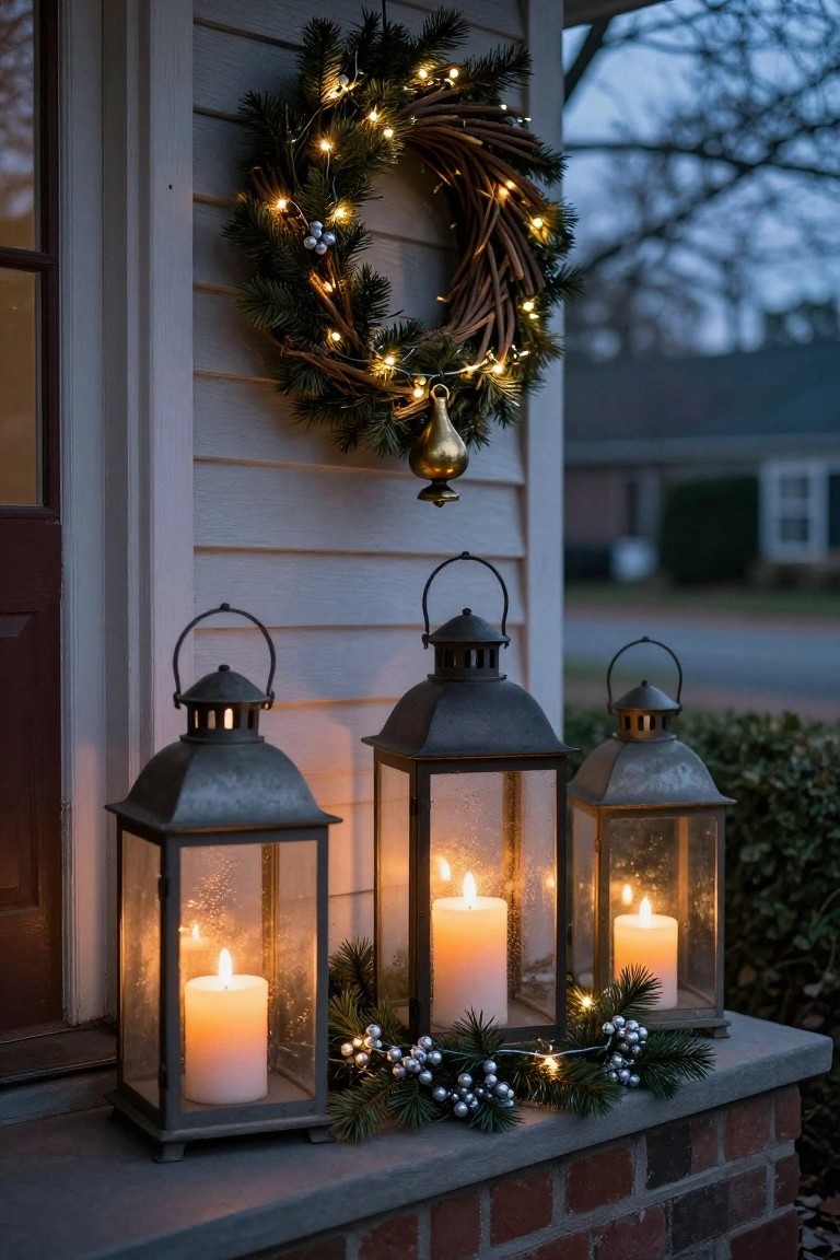 Three black metal lanterns holding lit white pillar candles placed on brick front steps next to a red door, with a lit grapevine Christmas wreath hanging on white house siding above and evergreen branches with berries on the steps.