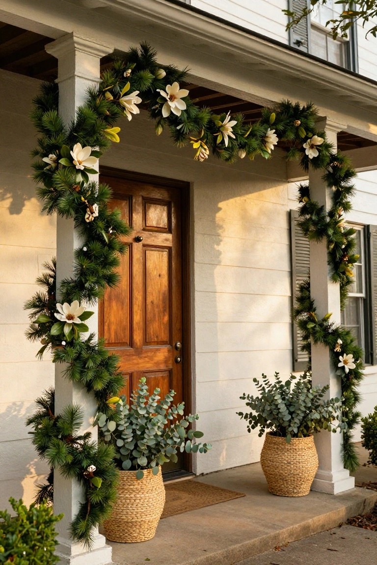 White colonial house porch featuring pine garland with magnolia flowers arched over a wooden front door, garlands wrapped around columns, and seagrass pots with eucalyptus on the steps.