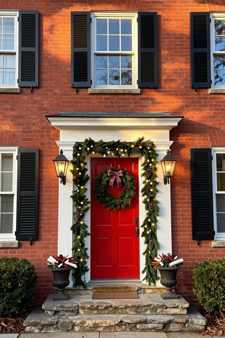 Brick colonial house front with red door framed by Christmas garland with lights and pinecones, large wreath on door, black lanterns on sides, and potted evergreens on stone steps.