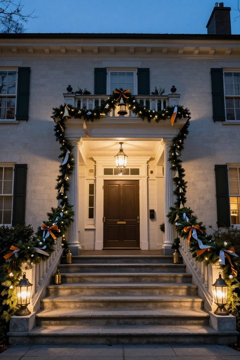 Colonial-style house exterior at dusk with evergreen garlands, string lights, orange ribbons, and bells wrapping porch columns and entryway, plus lanterns on front steps leading to dark wood double doors.