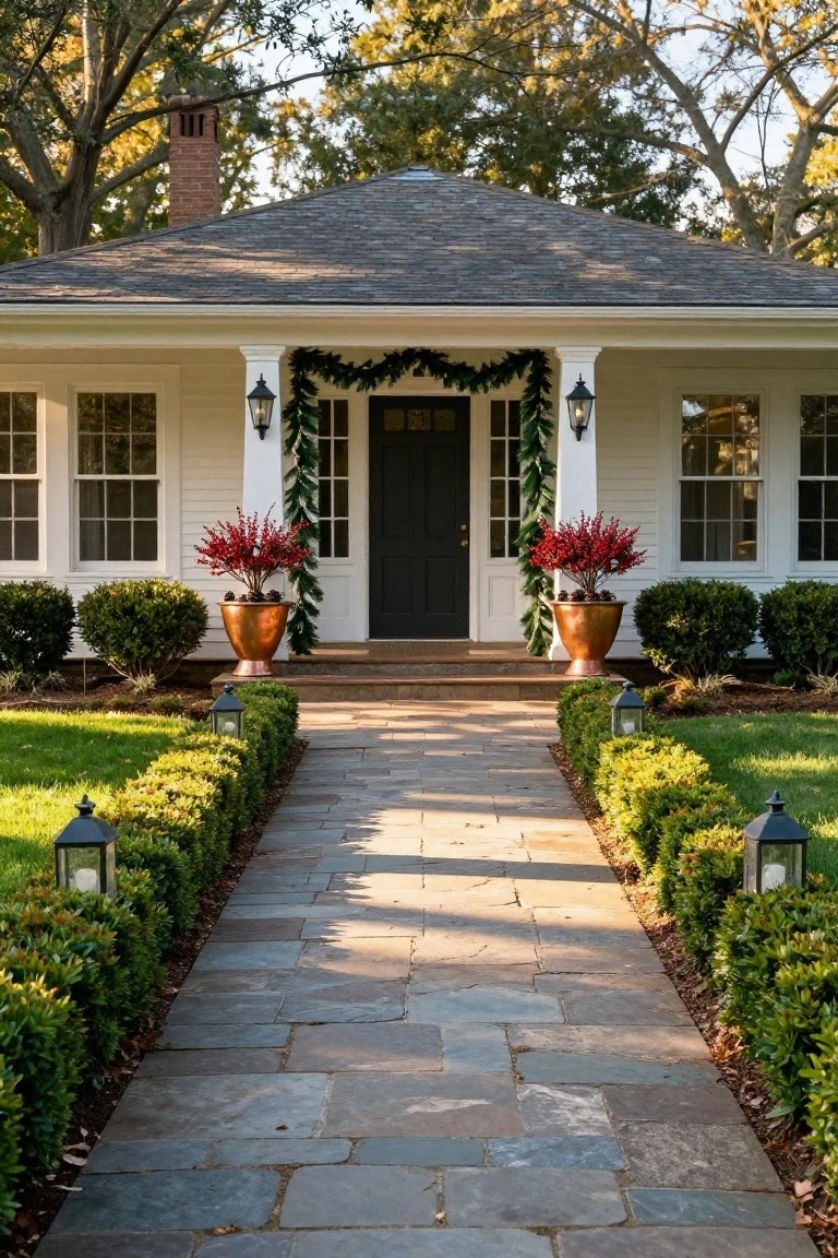White colonial-style house exterior with gabled gray roof, dark front door centered under porch with garland-draped columns, potted red plants in copper urns flanking steps, boxwood hedges lining stone pathway, and lanterns along edges.