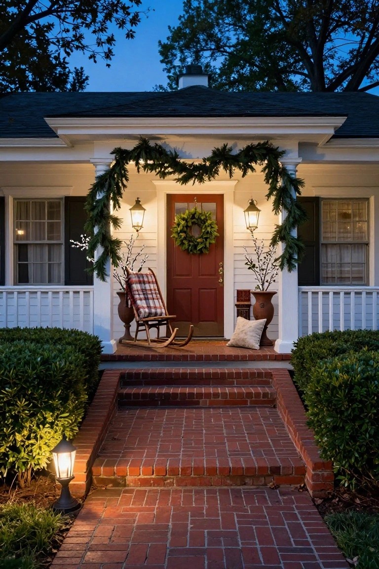 Colonial house exterior at dusk with Christmas decorations including evergreen garlands on porch columns, magnolia wreath on red front door, lanterns, plaid-blanket-covered rocking chair on porch, brick steps, and boxwood shrubs.