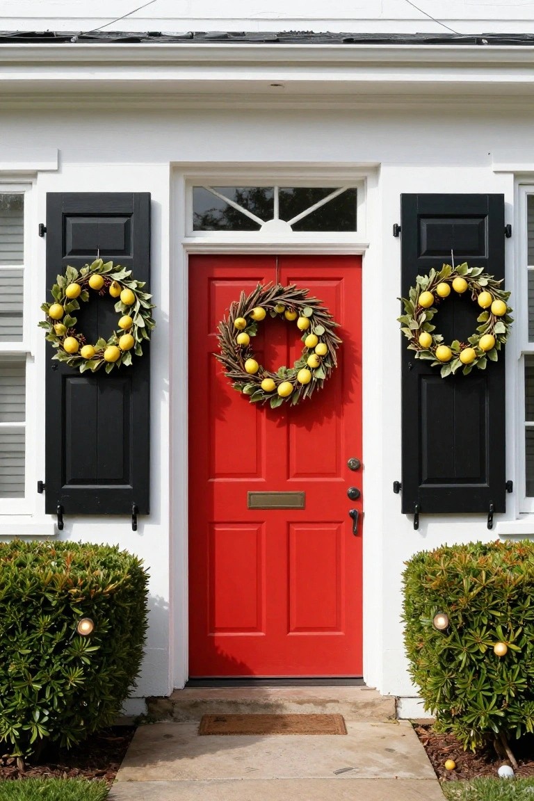 White colonial house exterior featuring a red front door with brass knocker, black shutters decorated with lemon wreaths, matching wreath on the door, boxwood shrubs on either side, and small lemon ornaments in the yard.