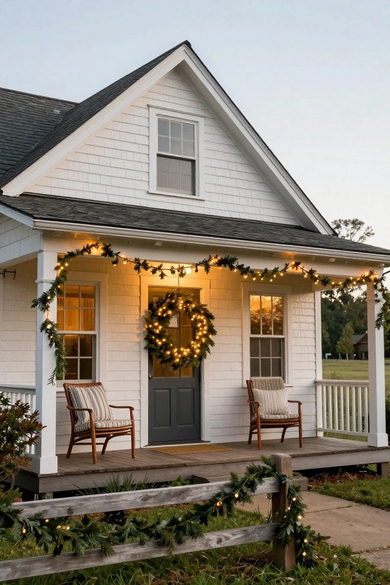White gabled clapboard house with wraparound porch, gray front door, lighted evergreen garlands on eaves and railings, Christmas wreath on door, wicker chairs on porch deck, split-rail fence with garland, at dusk.
