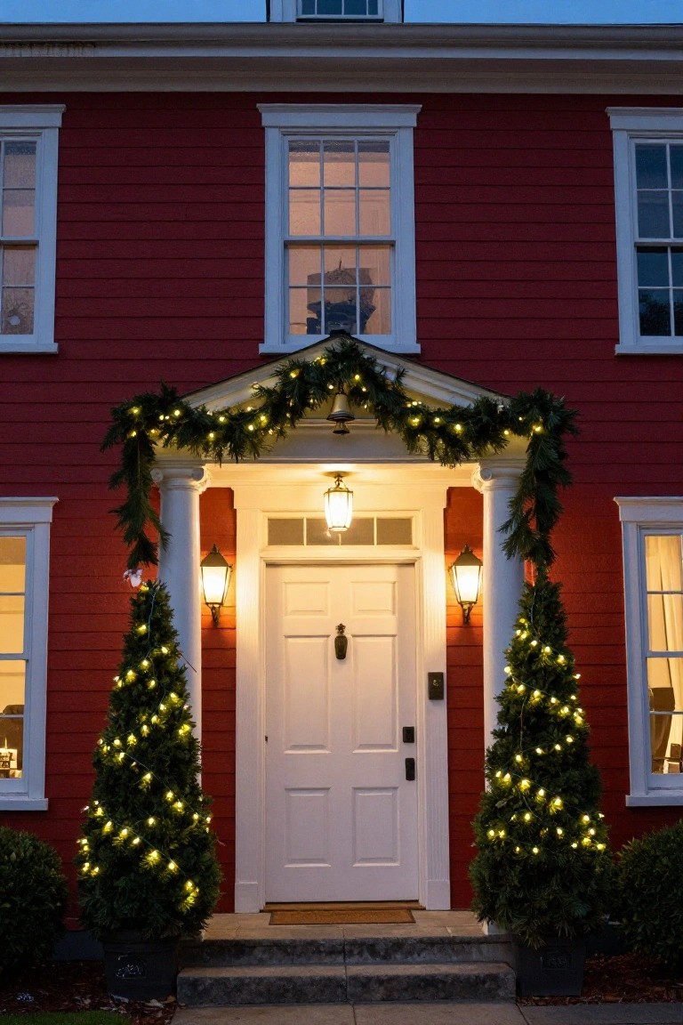 Red colonial style house exterior at dusk featuring a white front door on a porch with garland, lanterns, and two lit potted evergreen trees flanking the steps.