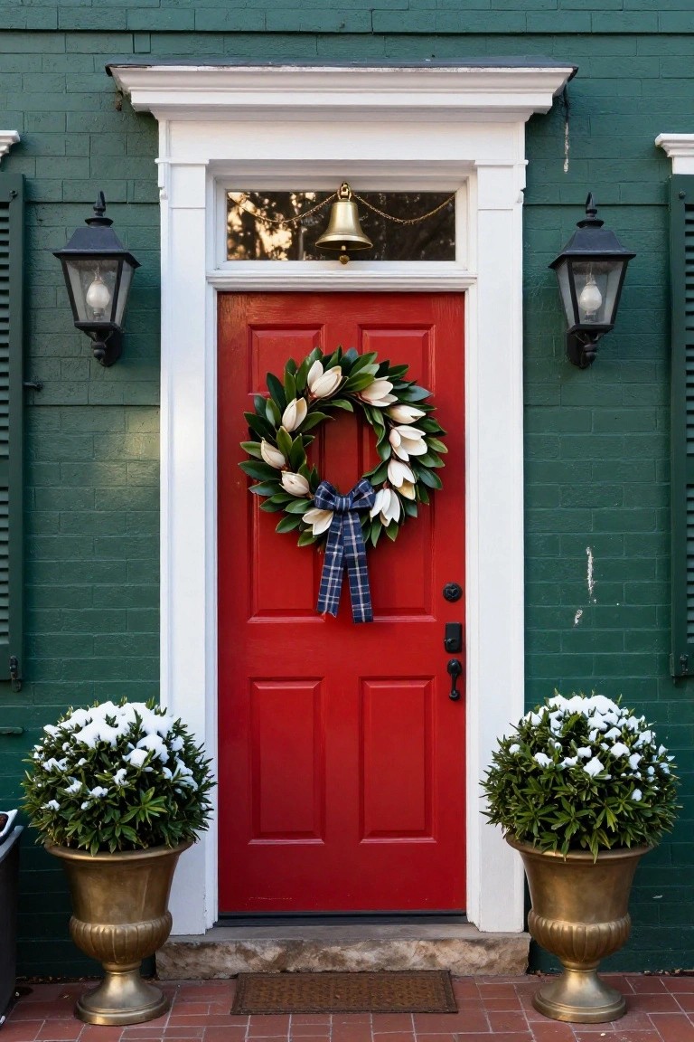 Magnolia Wreath on a Red Front Door