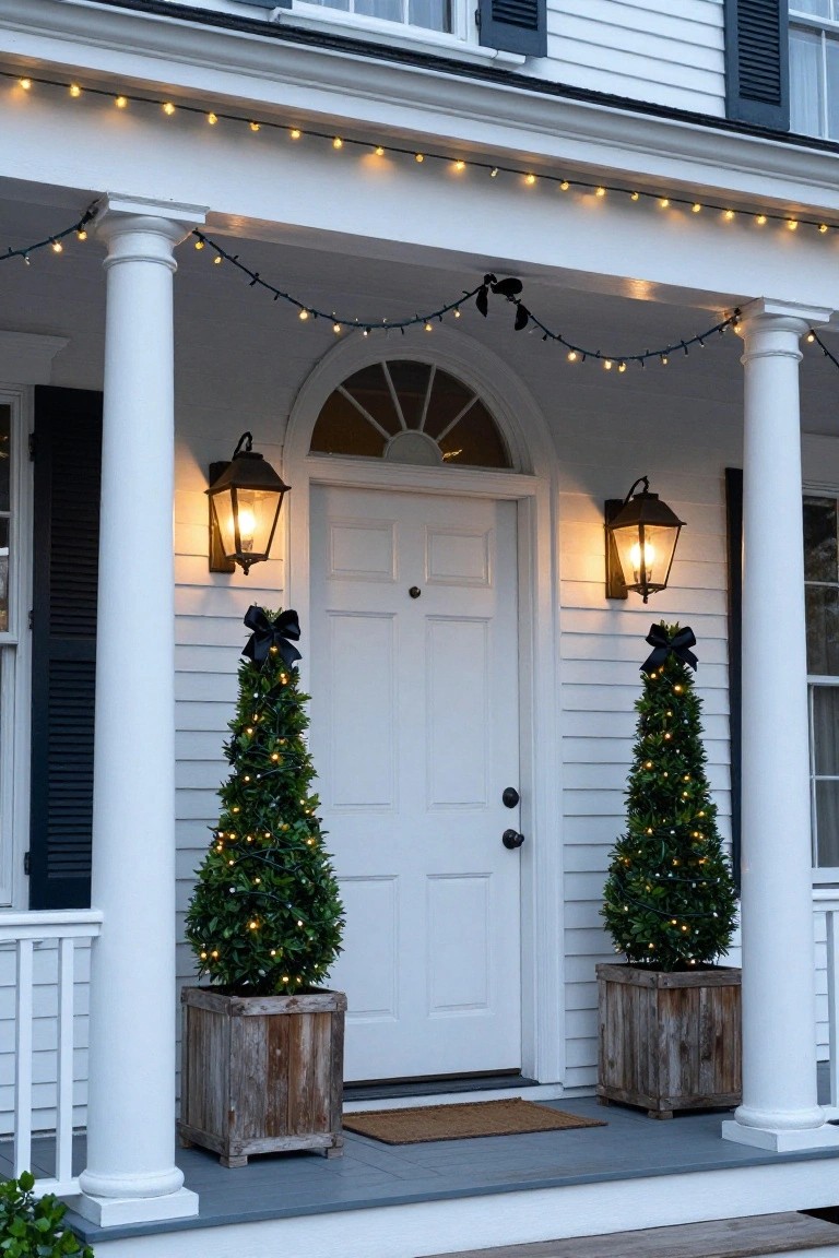 White colonial house porch with centered white door, black shutters, lit lanterns on wall, two lit topiary trees in wood pots with black bows flanking the steps, and string lights along the roofline and columns.