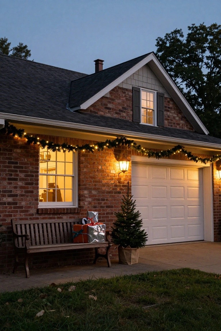 Brick colonial house exterior at twilight with shingled roof, garland strung with lights along the porch overhang, lanterns beside the closed garage door, small potted Christmas tree and wrapped gifts next to a wooden bench on the driveway edge.
