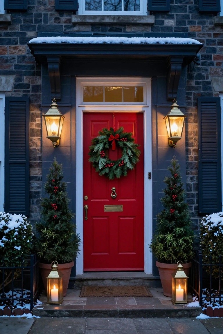Colonial brick house exterior at dusk with snow, red front door hung with evergreen Christmas wreath and red berries, flanked by potted small trees and gold lanterns.