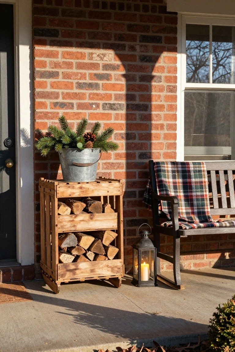Brick house exterior porch with black front door, wooden crate filled with firewood topped by galvanized bucket of pine boughs and pinecones, plaid blanket on wooden bench, and metal lantern with lit candle on the ground.
