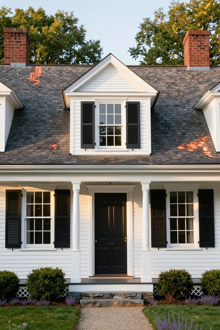 White clapboard colonial house exterior featuring a gabled dormer with black shutters, matching ground-floor windows with shutters, columned front porch with black door, brick chimneys, and front yard landscaping with lavender and boxwoods.
