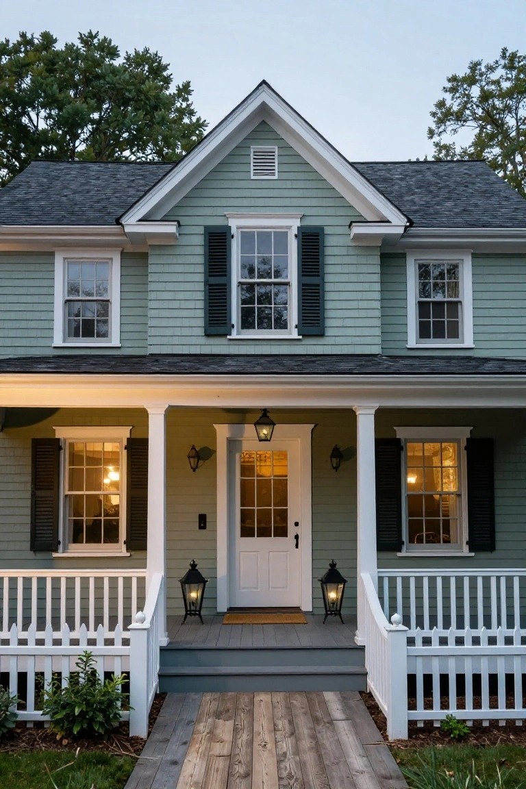 Seafoam green Colonial-style house exterior with dark gray roof, white trim and columns on a centered covered porch, black shutters on windows, lanterns flanking the white front door, gray steps, white railing, and wooden pathway bordered by grass and shrubs.