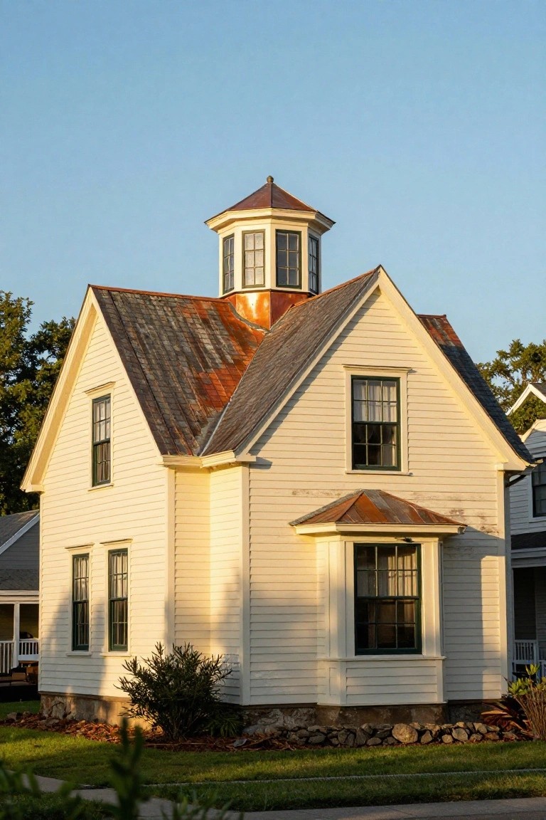 Two-story beige stucco Colonial house with black roof, central second-floor balcony with railing above double front doors, flanked by lanterns, brick entry steps, symmetrical windows, and low shrubs at the base.
