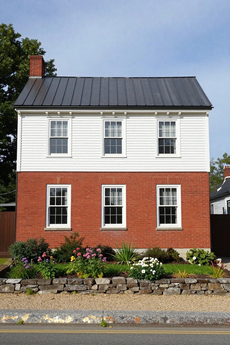 Stone house exterior with steep gabled roof featuring a small central dormer window, arched front doorway lit from within, flanked by clipped boxwood shrubs, and leaded glass windows on a twilight sky background.