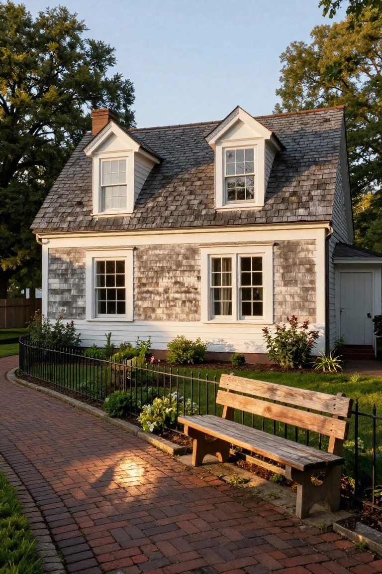 White two-story Colonial house with gray shingle roof, central cupola topped by a dome, dark shutters on multi-pane windows, columned entry porch with black door, boxwood shrubs, stone bollards, and flagstone path.