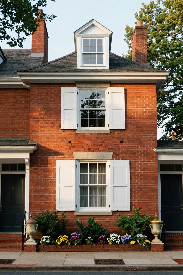Red brick two-story townhouse with gabled dormer window above entry, white shutters on windows, flower beds and urns at front doors, trees on sides, on urban street.