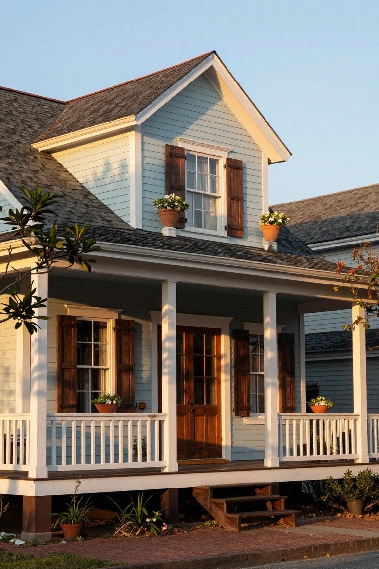 Pale blue clapboard colonial house exterior with gabled dormers featuring shuttered windows and terra cotta pots of white flowers on the roof peaks, white porch with columns and railing, wooden front door, potted plants on porch and grounds, brick walkway, and adjacent greenery at dusk.