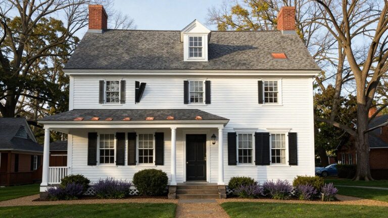White clapboard colonial house exterior featuring a gabled dormer with black shutters, matching ground-floor windows with shutters, columned front porch with black door, brick chimneys, and front yard landscaping with lavender and boxwoods.