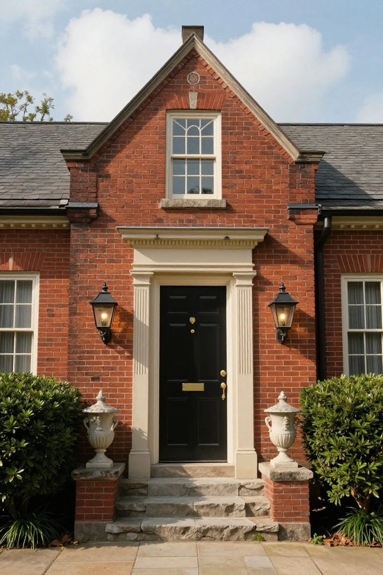Cream clapboard house with gabled roof and centered dormer window framed in navy blue, flanked by matching shutters and front door on a porch with turned posts, brick walkway, potted plants, and manicured lawn.