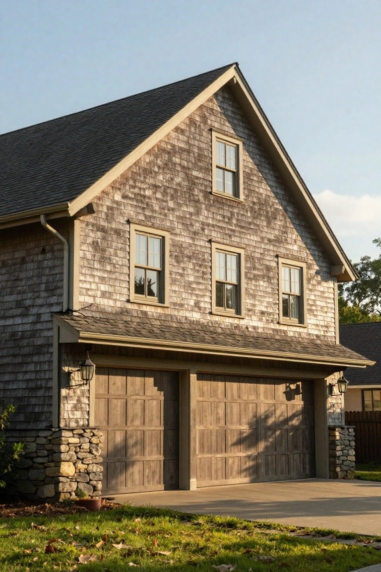 Two-car wooden garage doors on a shingle-sided house with gabled roof, multiple upper windows, stone foundation accents, lanterns, and a concrete driveway in front of a grassy yard.