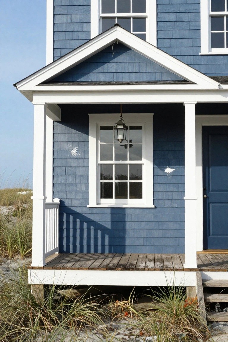 Small pale yellow brick house with standing-seam metal roof, central gabled dormer with arched window, matching arched side windows and entry fanlight, blue front door, black iron fence, and low lavender shrubs flanking gravel path.