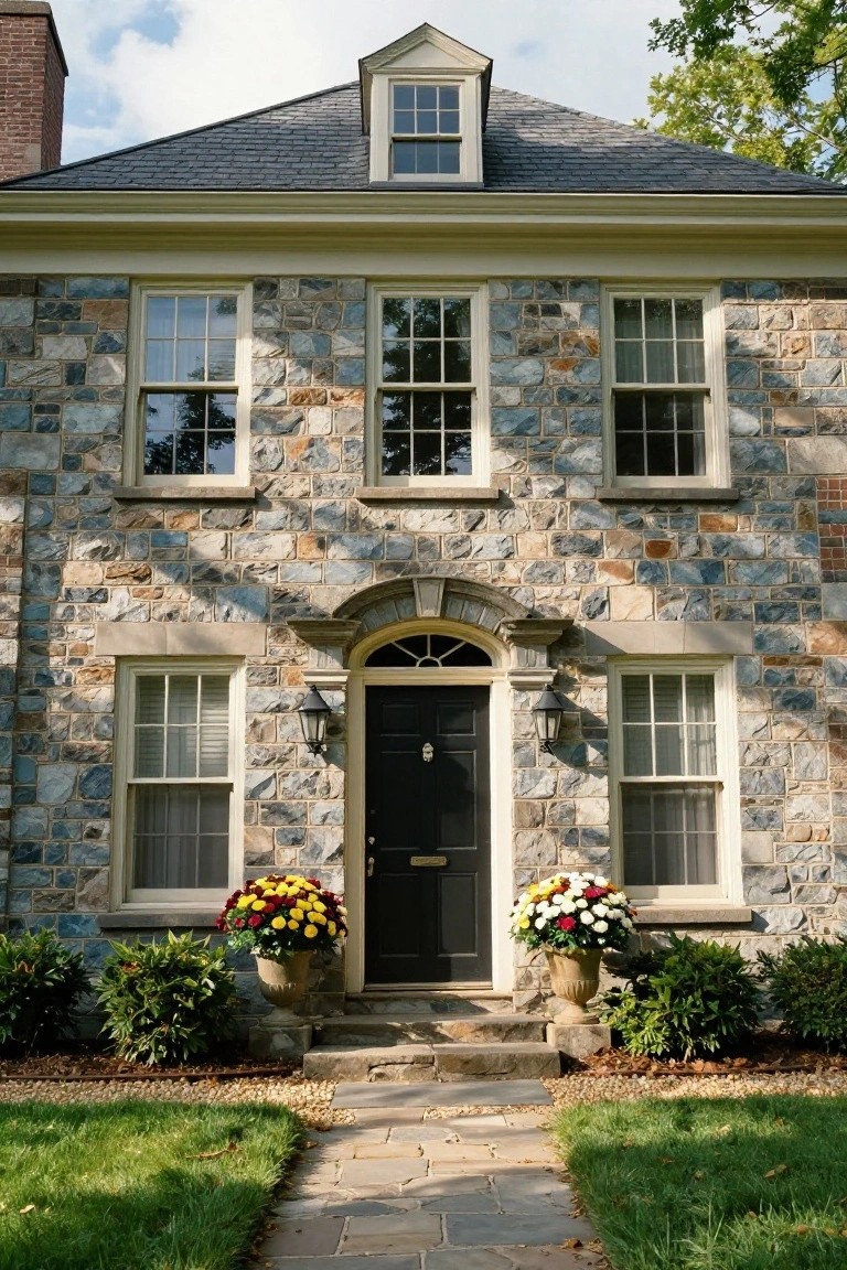 Front exterior of a navy blue two-story house with gabled dormer window, white trim, black front door under a covered porch, potted shrubs, and stone walkway at dusk.