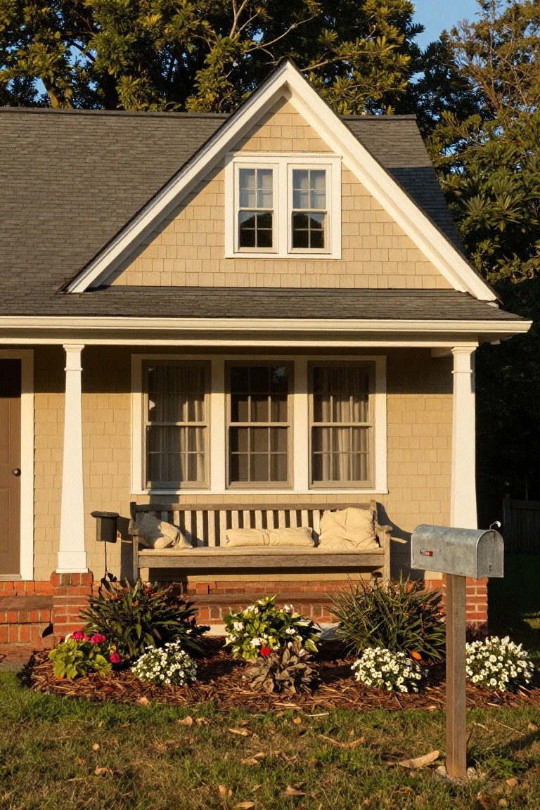 Pale yellow clapboard colonial house exterior with dark shingled gable roof featuring a dormer window and black wrought iron balcony, white paneled garage door, rose bush by porch railing, and cobblestone driveway edged by grass.