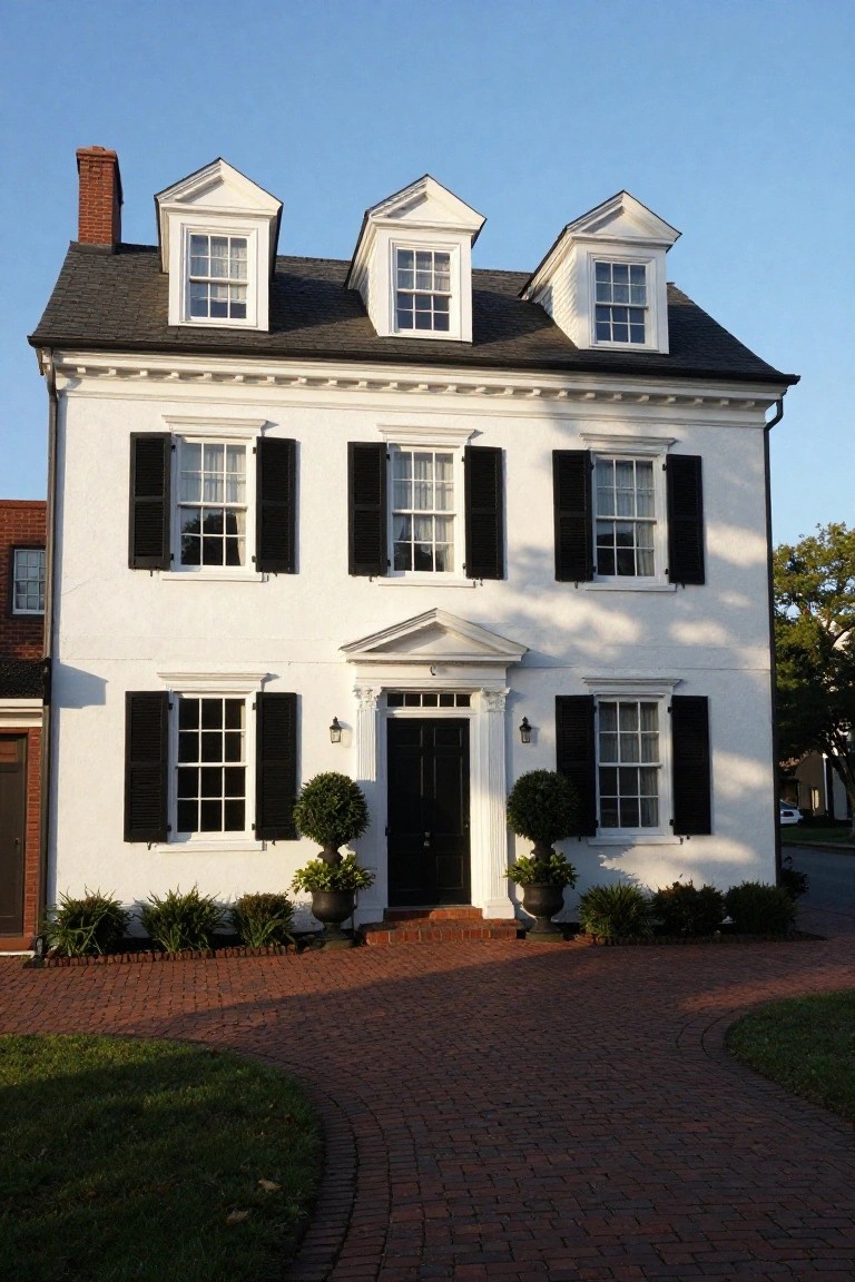White Colonial-style house with gabled dormer windows on the side facade, dark shingle roof, flanked by trees, and front yard landscaping with shrubs and lanterns.