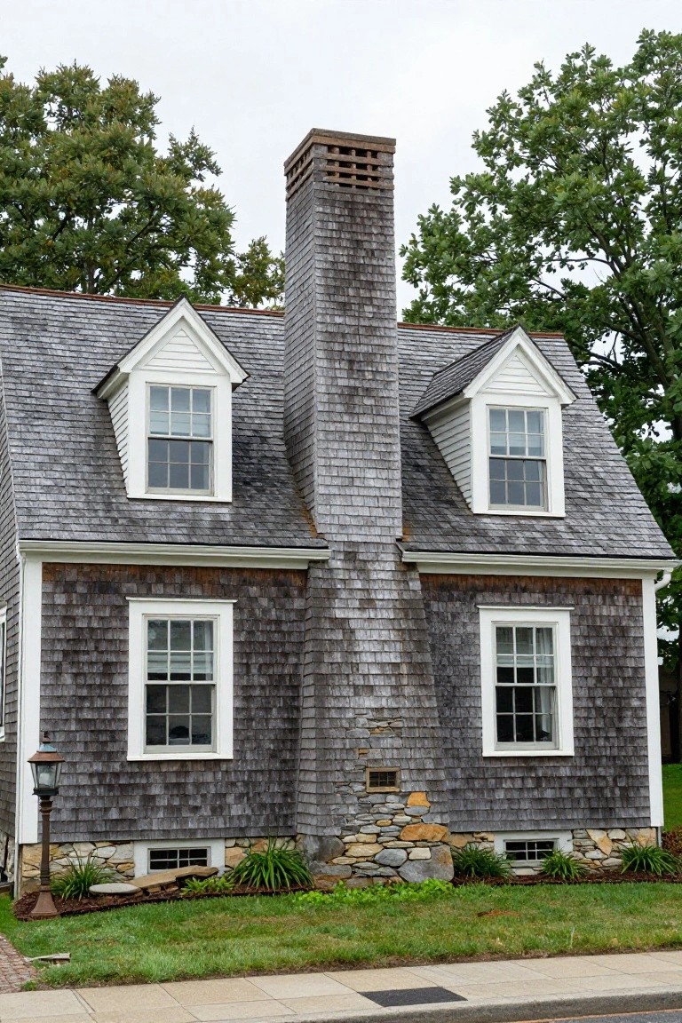 Two-story red brick house with gabled roof featuring rectangular louvered vent, multiple double-hung windows with green frames, wooden garage door, and small front garden bed enclosed by wrought iron fence.