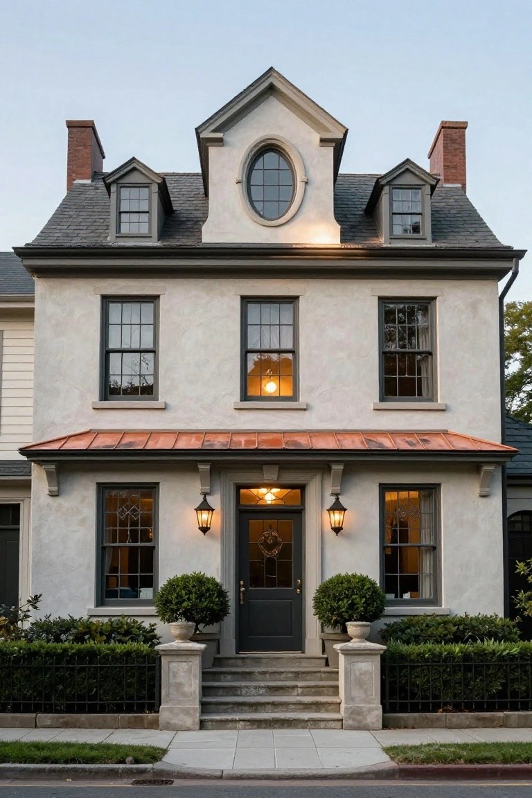 Two-story stucco Colonial house exterior with symmetrical paired gabled slate-roof dormers flanking a central oval window, dark window frames, copper porch roof over black door with lanterns, boxwood topiaries, iron fence, and hedges.