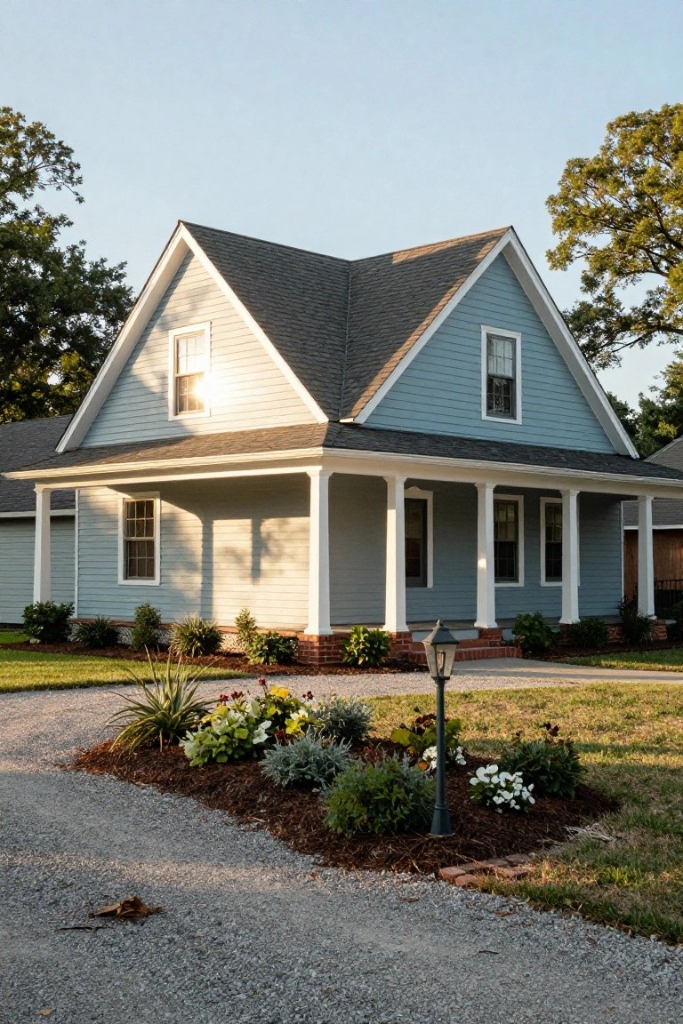 White shingle-style house with gabled roof featuring solar panels, three evenly spaced round windows on the facade, wooden bench by the wall, and wooden bridge path leading through landscaped dunes.