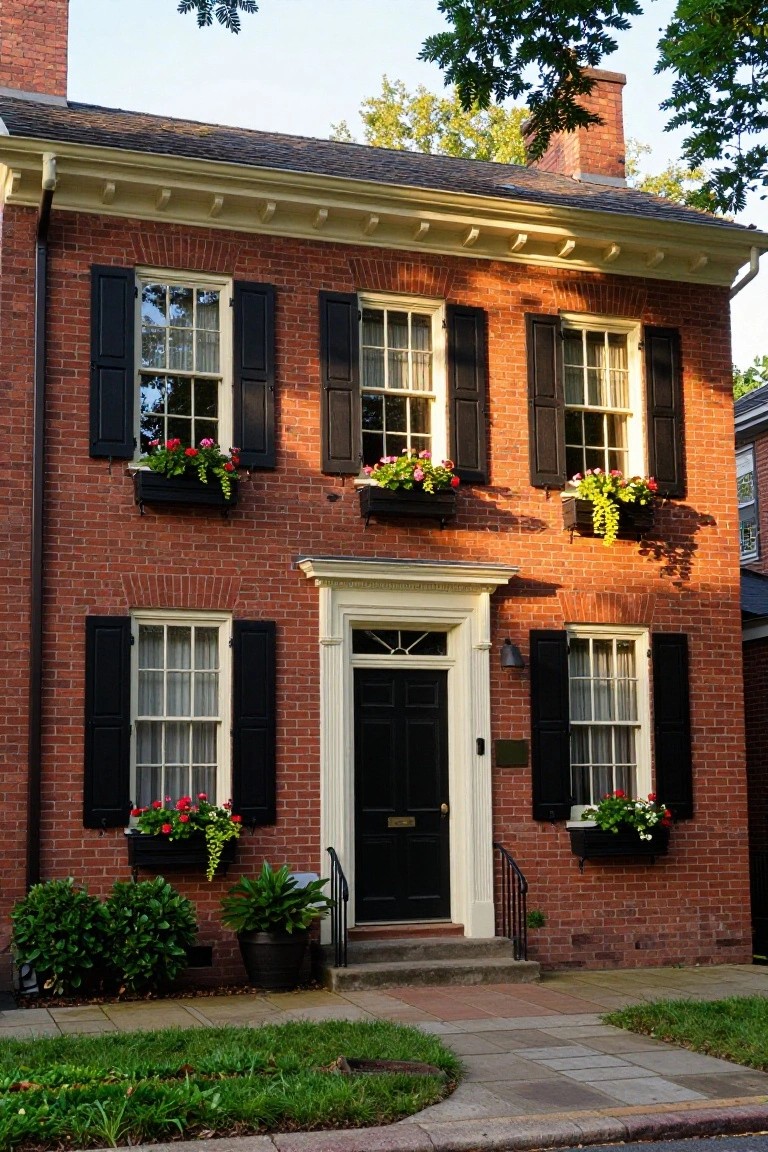Two-story red brick colonial house with black shutters, white trim, flower boxes filled with pink and red flowers under the windows, black front door, and small shrubs at the base.