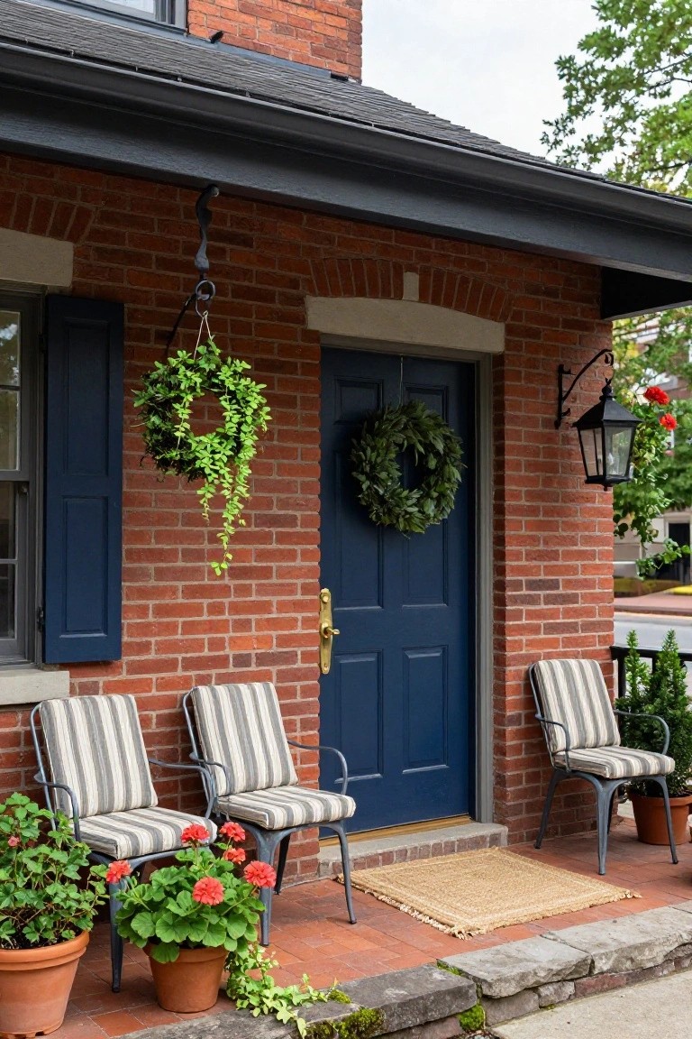 Brick house front porch featuring a navy blue door with brass knocker and wreath, flanked by blue shutters, three striped wicker chairs, potted geraniums and ivy, hanging lantern, and seagrass welcome mat on brick steps.