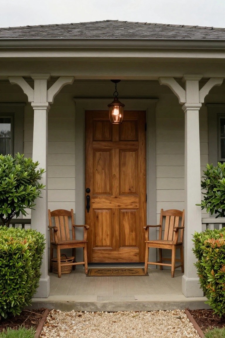 Gray house front porch with white columns supporting the roof, wooden paneled door, hanging copper lantern, two wooden rocking chairs flanking the door, boxwood shrubs on both sides, and gravel path leading to steps.