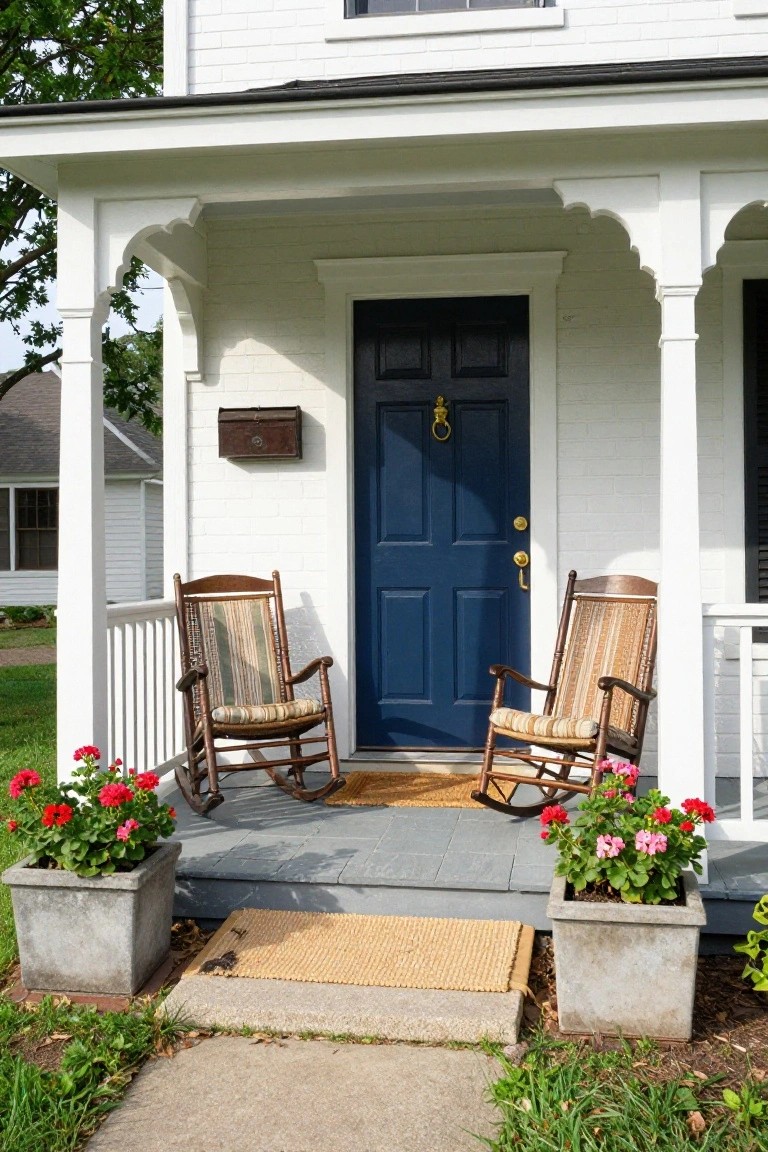 White colonial-style house exterior with a navy blue front door, two wooden rocking chairs with cushioned seats on the porch, potted red geraniums flanking the steps, and a woven welcome mat.