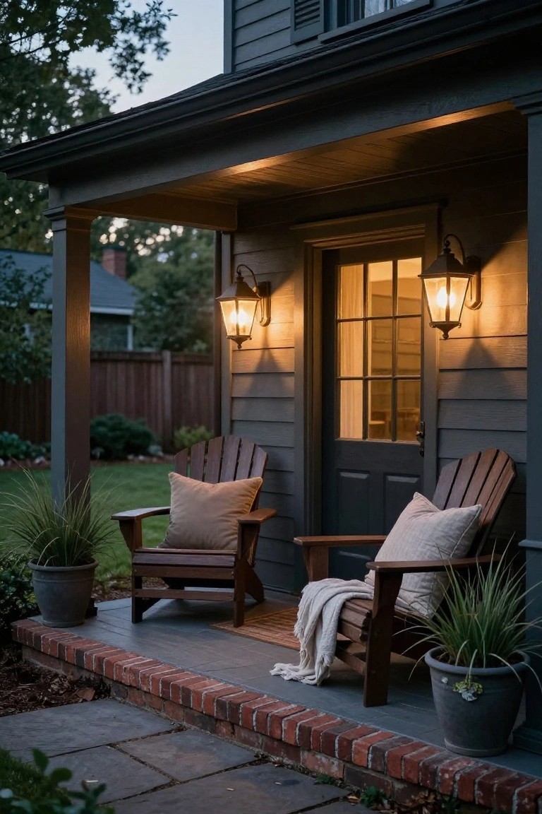 Dark gray shingled colonial house front porch at dusk with two wooden Adirondack chairs holding cream pillows and a throw blanket, potted grasses nearby, and lantern lights flanking the dark door.