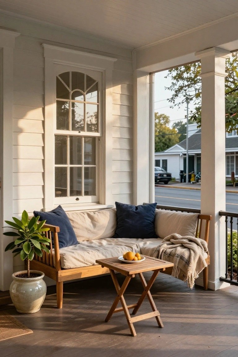 White clapboard house porch with wooden bench piled with blue and beige cushions and a throw blanket, small wooden table holding oranges, potted plant in ceramic pot, and view of street through columns.