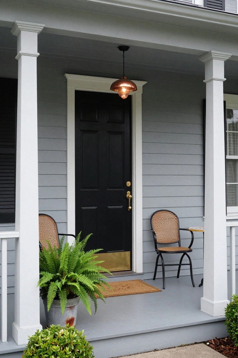 Gray clapboard colonial house exterior with white columns framing a black front door, copper pendant light hanging above, two rattan armchairs with a small table on the porch, potted fern plant, doormat, and low shrubs nearby.