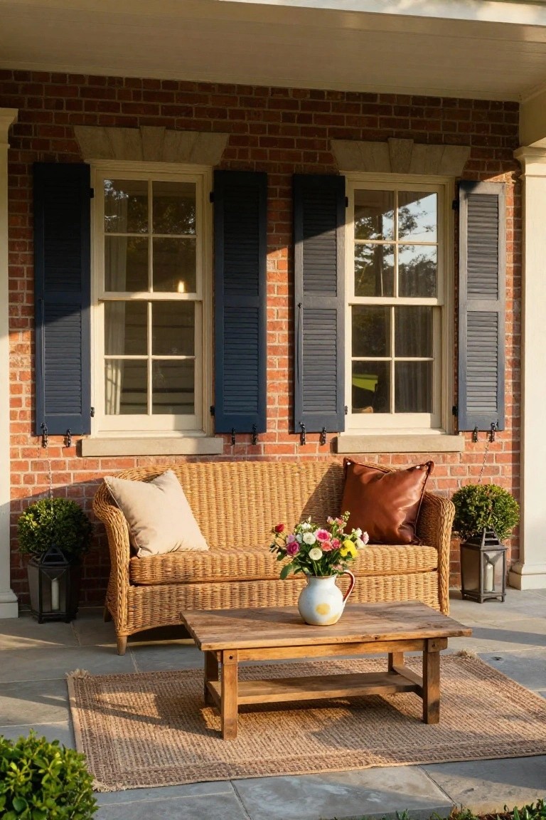 Front porch of a red brick colonial house with beige wicker loveseat, cream and brown pillows, wooden coffee table holding a white vase of colorful flowers, potted topiary plants, lanterns, and a seagrass rug on stone flooring.